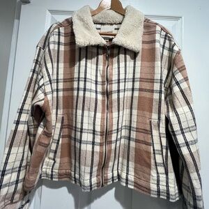 NWT Lucky Brand Cropped Plaid Boxy Jacket with Faux Collar Tan Cream